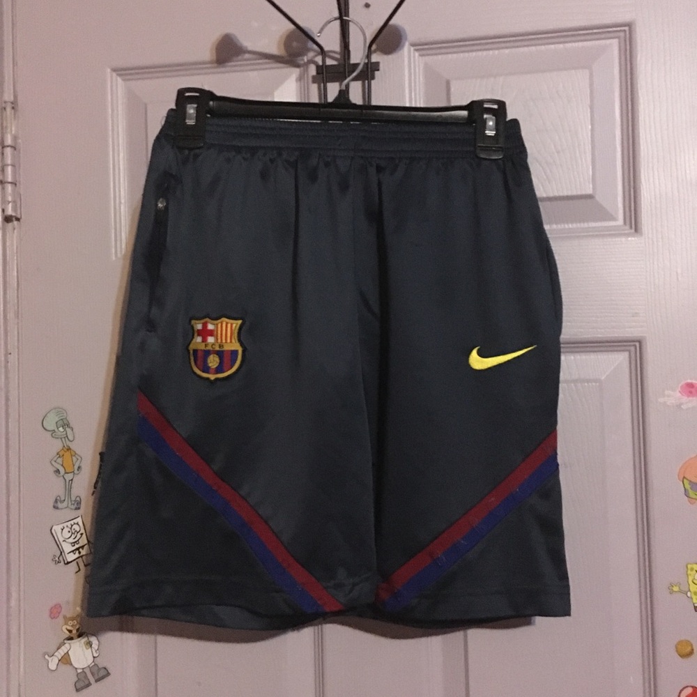 Nike FC Barcelona Dark Gray Soccer Shorts with Yellow Swoosh